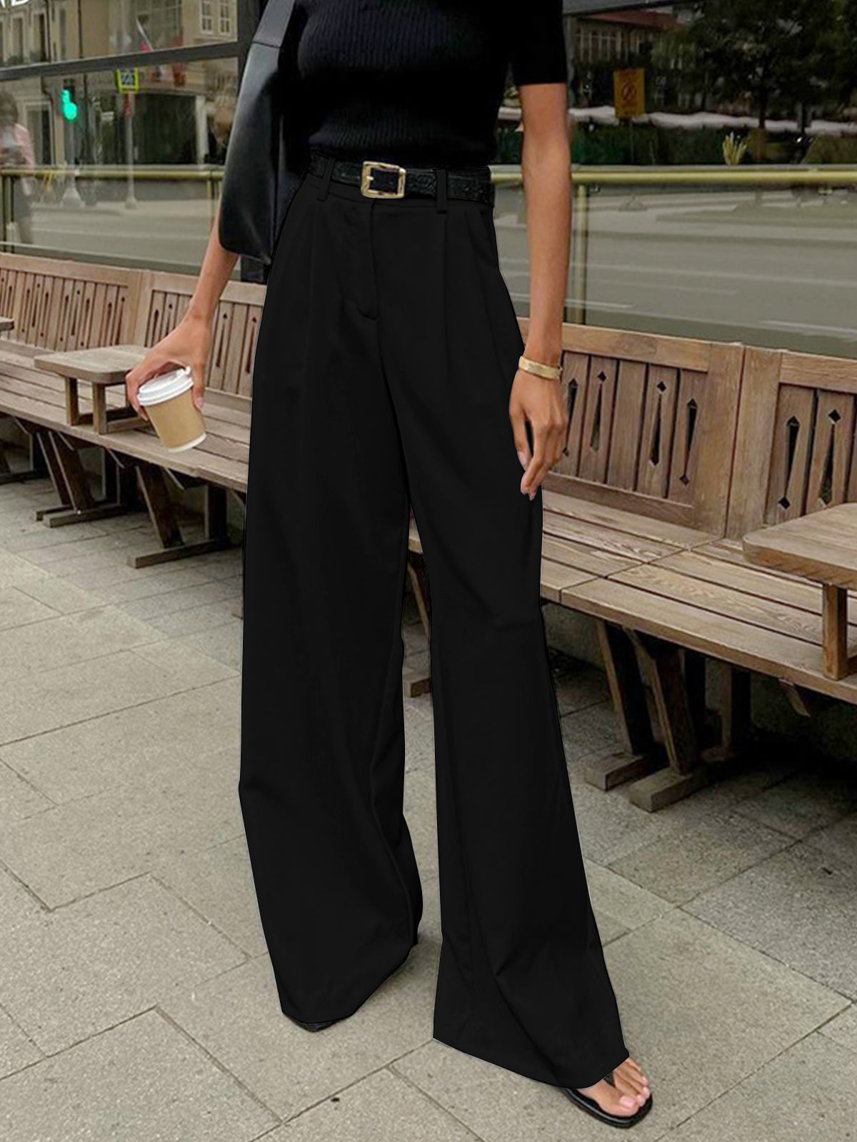 Women's Wide Pleated Trousers with Belt Elegant