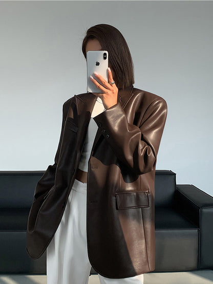 Leather Blazer Women Elegant Black