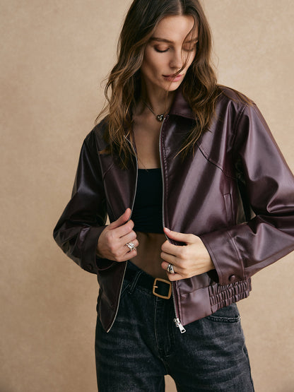 Kurze Lederjacke Damen Reißverschluss PU Lederoberfläche - IdealeKleiden