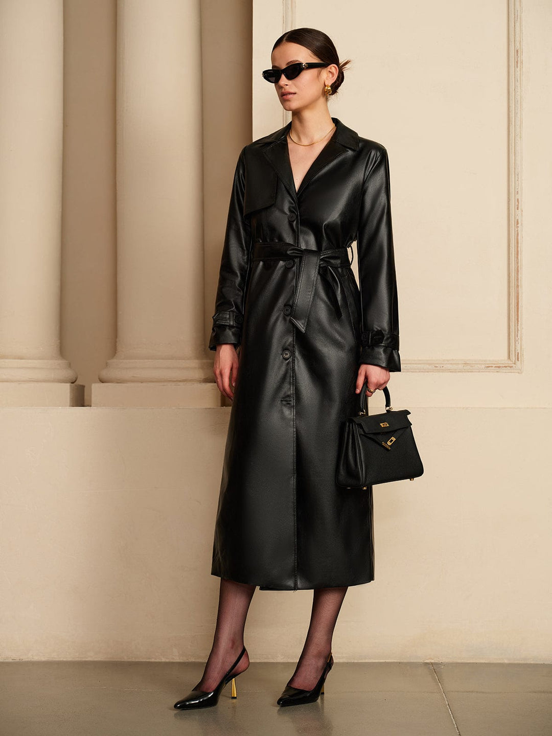 Elegant Leather Trench Coat Women&