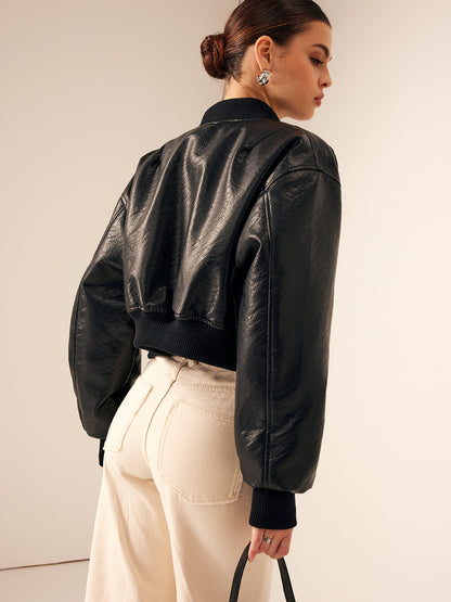 Stilvolle PU Leder Tasche Kurze Bikerjacke - IdealeKleiden