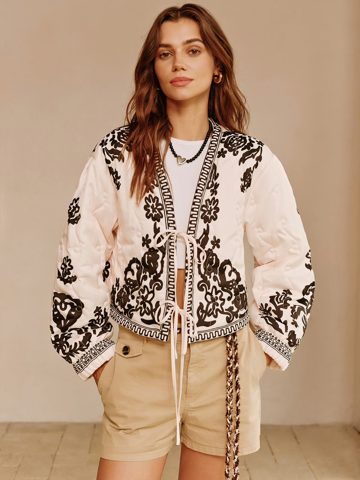 Fashionable Print Jacket Lacing Detail