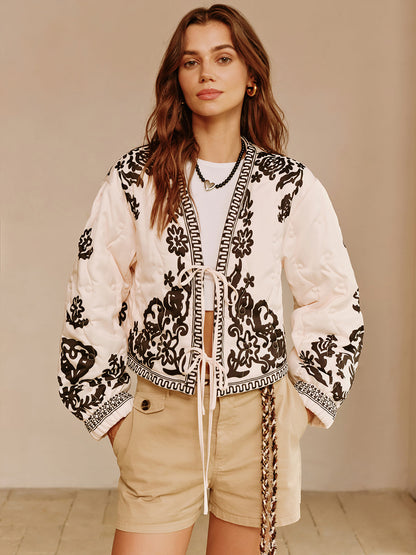 Fashionable Print Jacket Lacing Detail