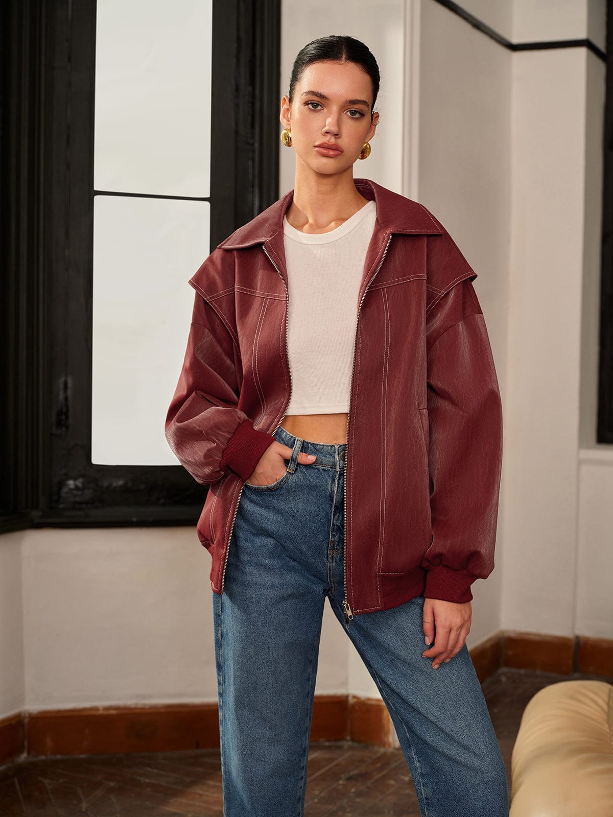 Stylish Women's Jacket Burgundy Red Sporty