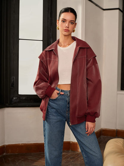 Stylish Women's Jacket Burgundy Red Sporty