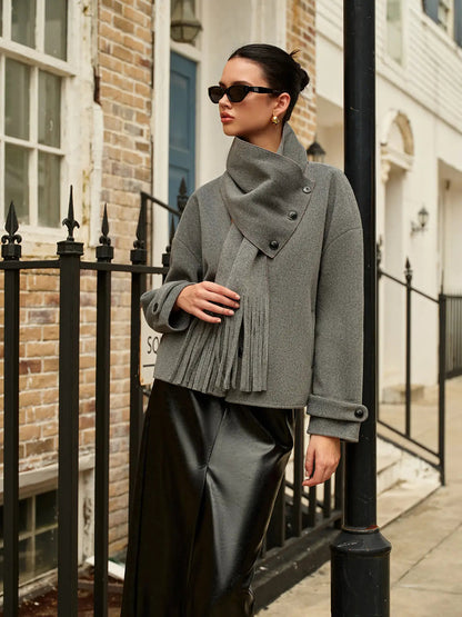 Stylish Double-Breasted Wool Coat with Tassels