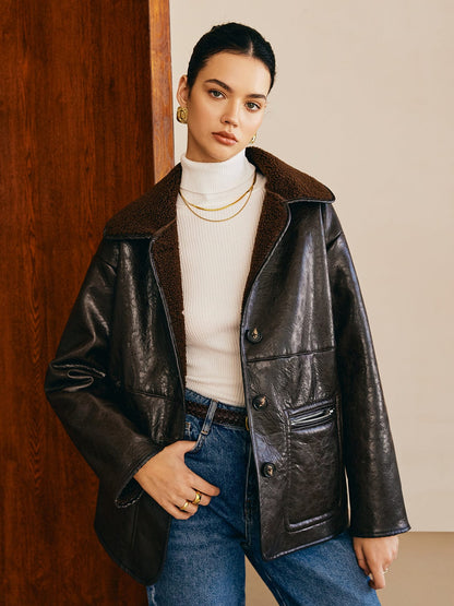 Black Leather Jacket with Teddy Lining for Women
