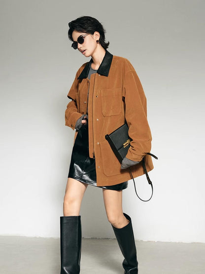 Oversized Lederjacke Modern Kragen - IdealeKleiden