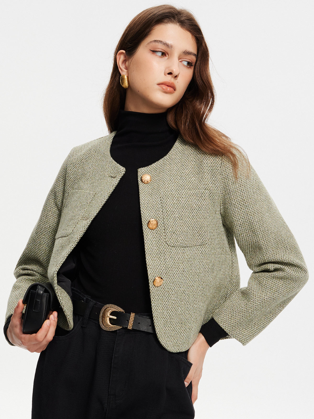 Stylish Tweed Jacket with Neck Pouch