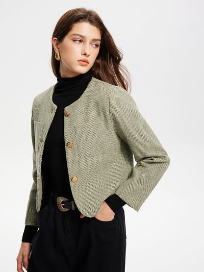Modische Tweed-Jacke mit Hals-Tasche - IdealeKleiden