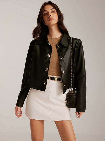 Women's Short Leather Jacket Button Chic