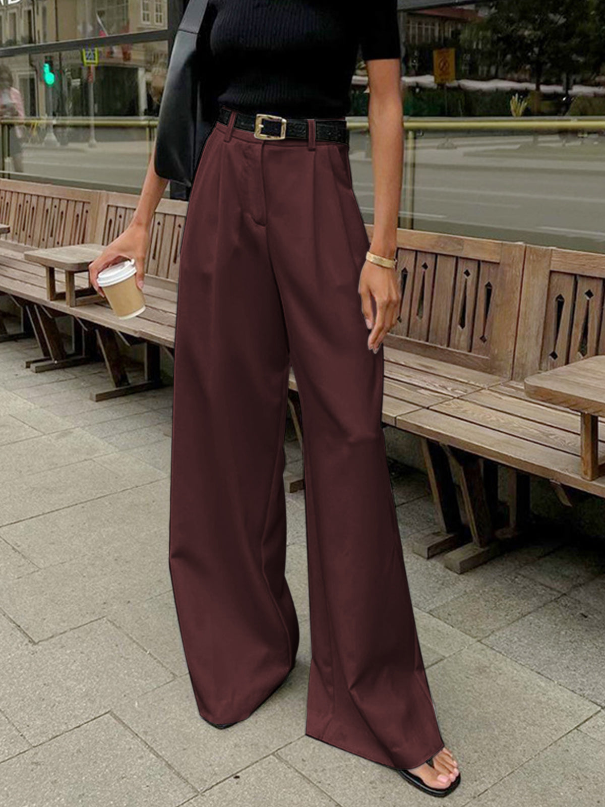 Women's Wide Pleated Trousers with Belt Elegant