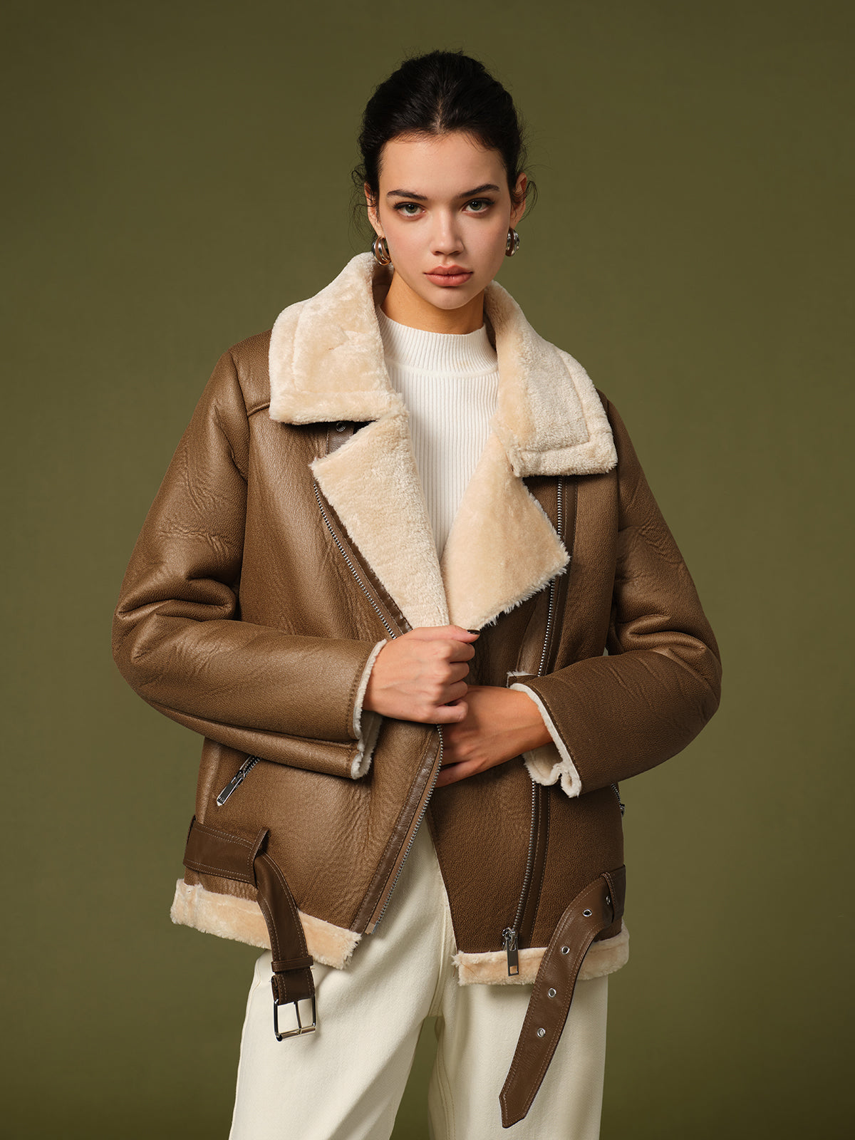 Soft fleece jacket with belt for women's wardrobes