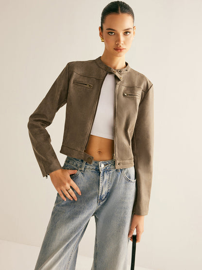 Fashionable Zipper Jacket with Button Collar Design