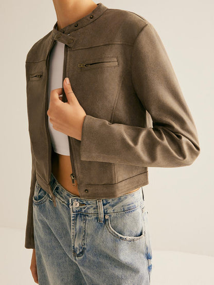 Modische Reißverschlussjacke Knopfkragen Design - IdealeKleiden