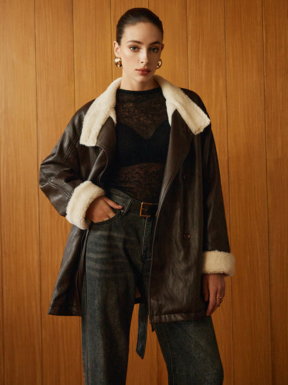 Elegant Women's Leather Jacket with Belt Detail