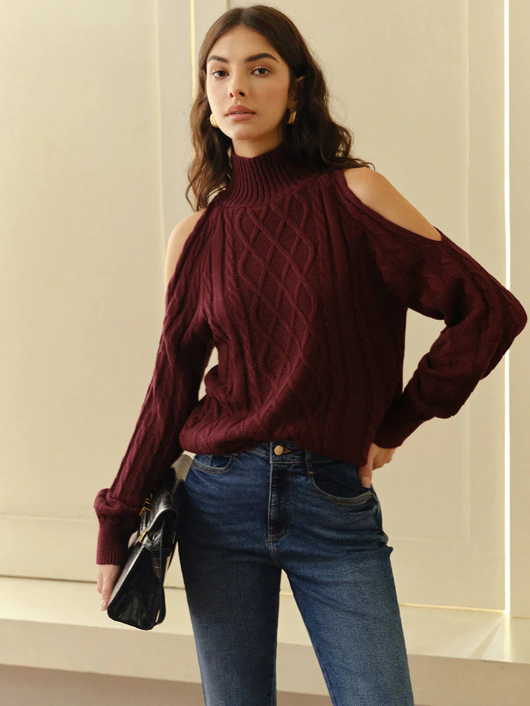 Damen Off-Shoulder Strickpullover Modern Plaid - IdealeKleiden