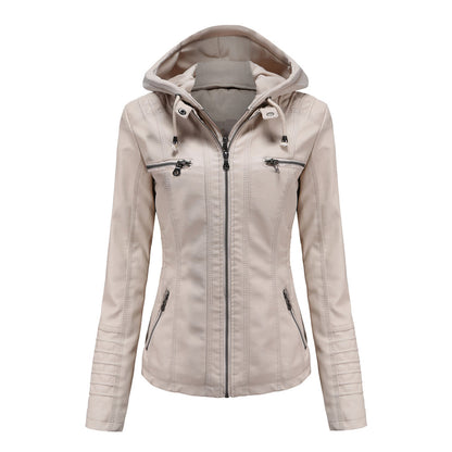 Leather Jacket with Hood Slim Fit Style