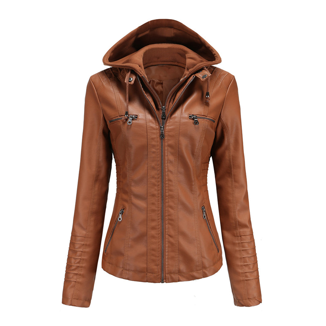 Leather Jacket with Hood Slim Fit Style