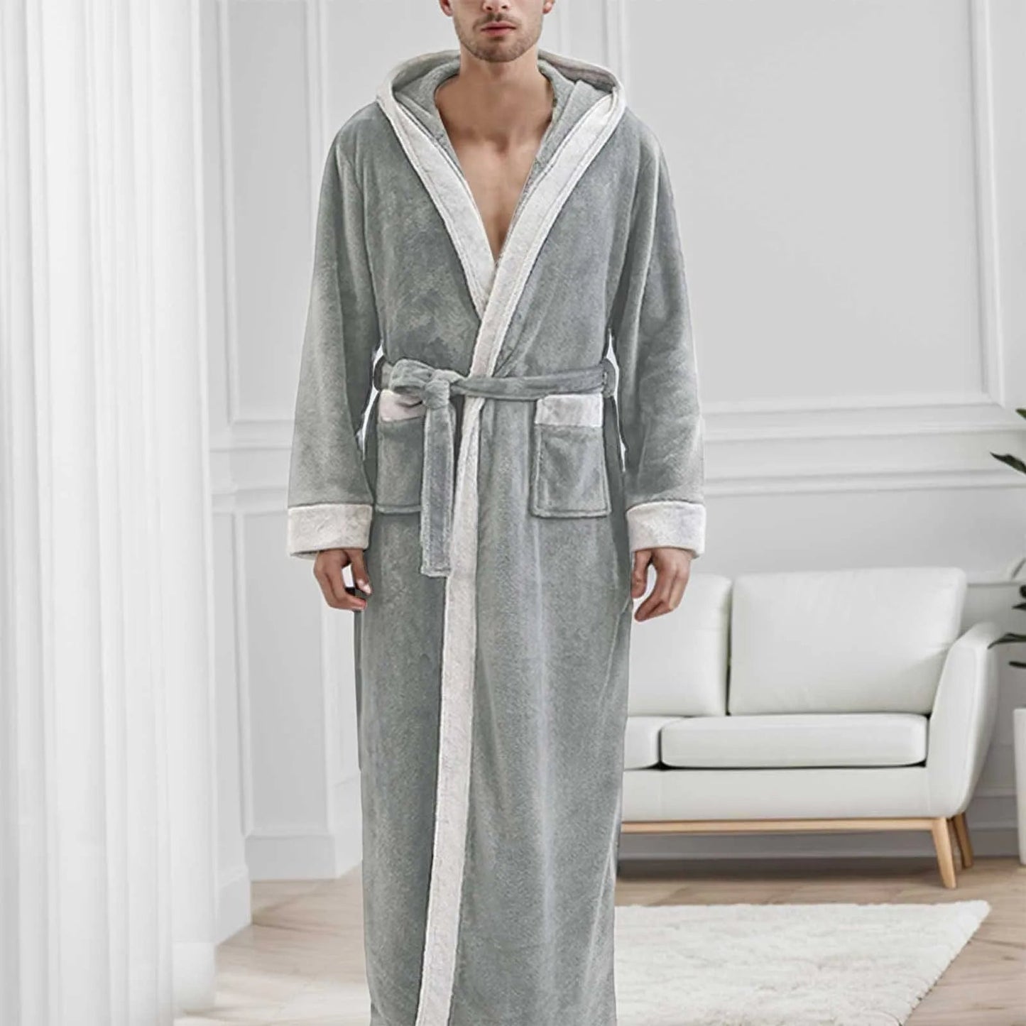 Long Bathrobe Men Hooded Winter Warm