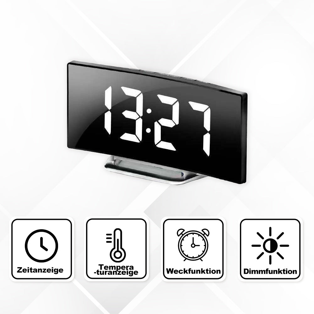 Modern LED Mirror Clock with Curved Display and Silent Alarm Function