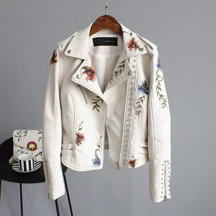 Frauen Lederjacke Biker Style Blumen Stickerei - IdealeKleiden