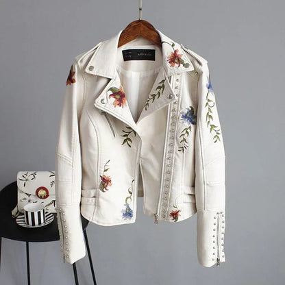 Frauen Lederjacke Biker Style Blumen Stickerei - IdealeKleiden