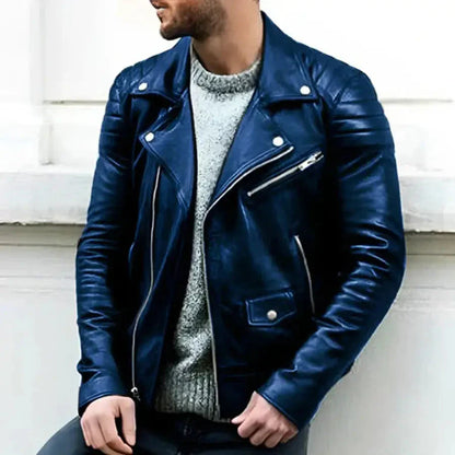 Men's Classic Leather Biker Jacket with Zipper
