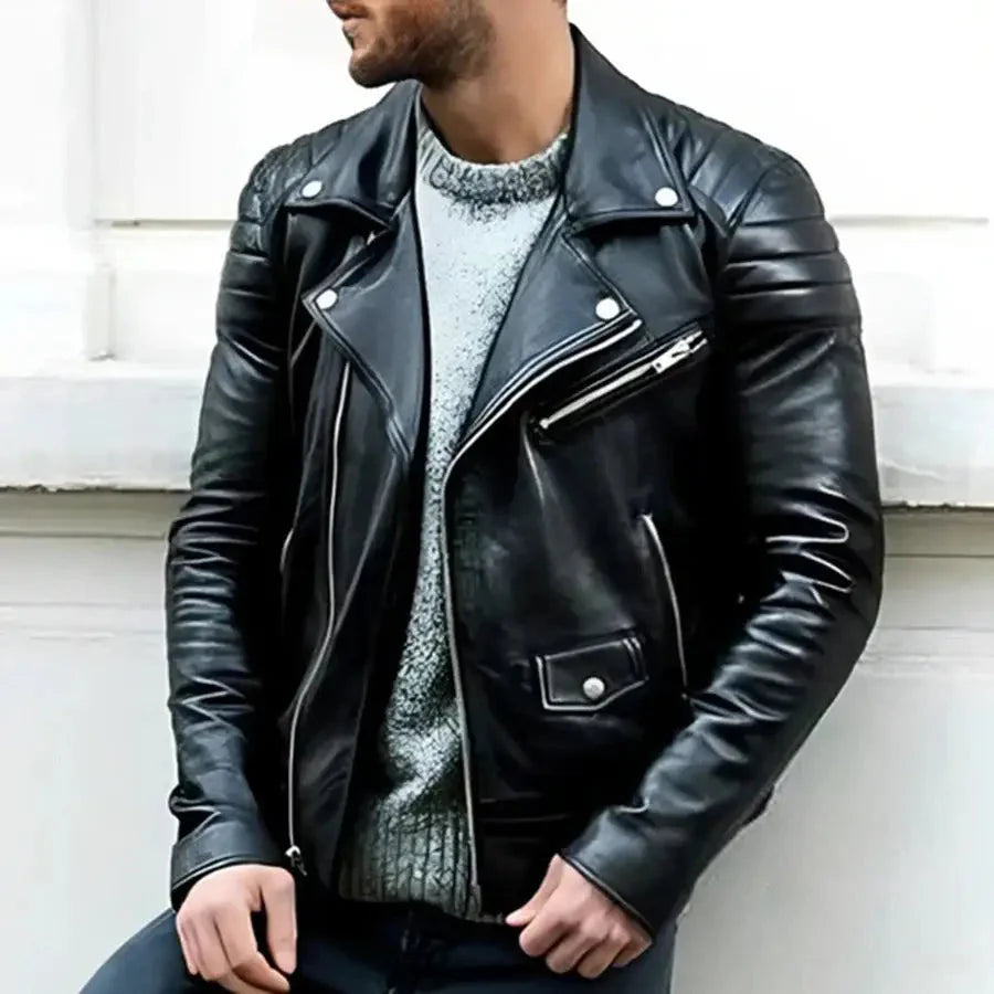 Men's Classic Leather Biker Jacket with Zipper