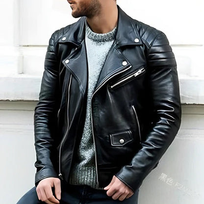Men's Black Faux Leather Biker Jacket with Zipper