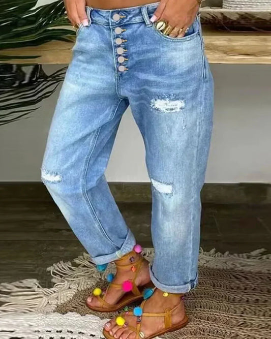 Rissige Jeans Damen Hoch Schnitt Rippen Effekt - IdealeKleiden