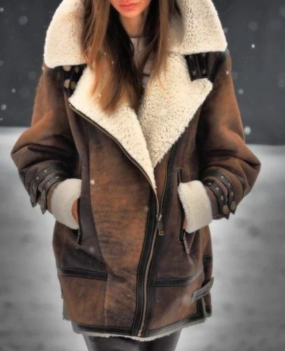 Fashionable Faux Leather Jacket Warm Plush Lining Women's