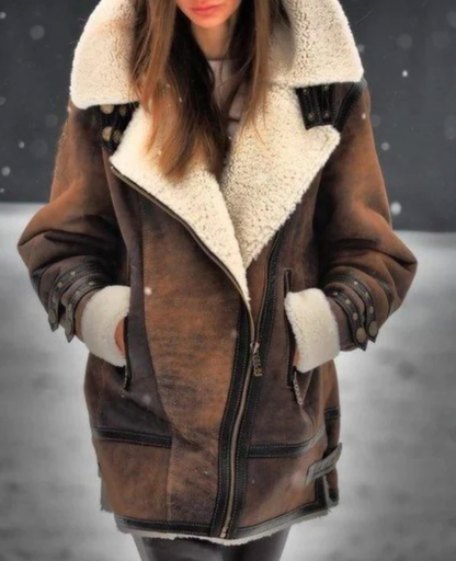Fashionable Faux Leather Jacket Warm Plush Lining Women's