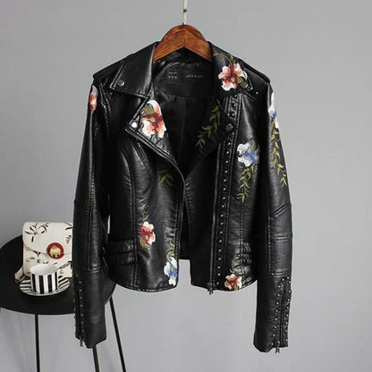 Women's Leather Biker Jacket with Floral Embroidery