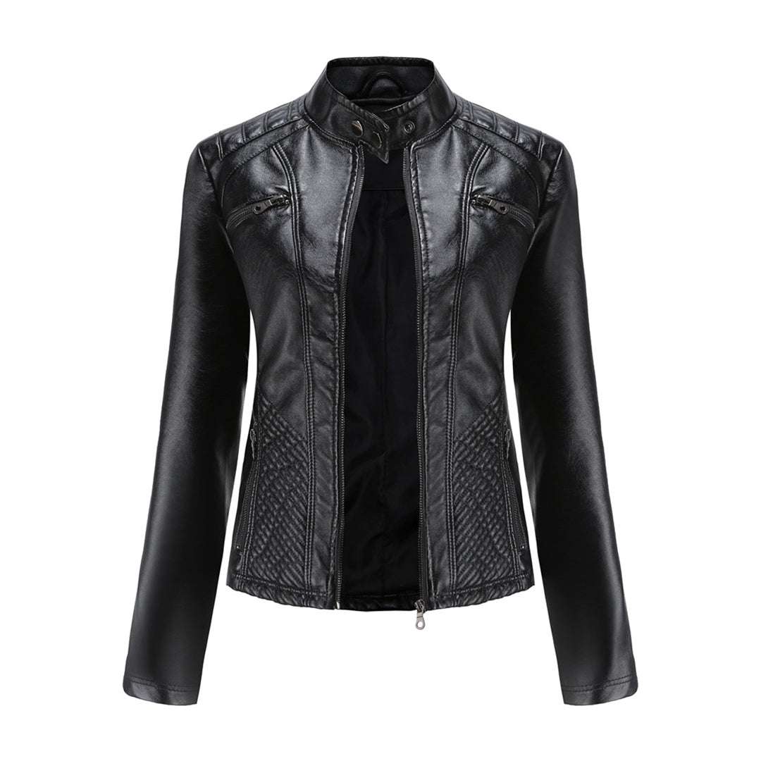 Leather jacket biker style stand-up collar ribbed look