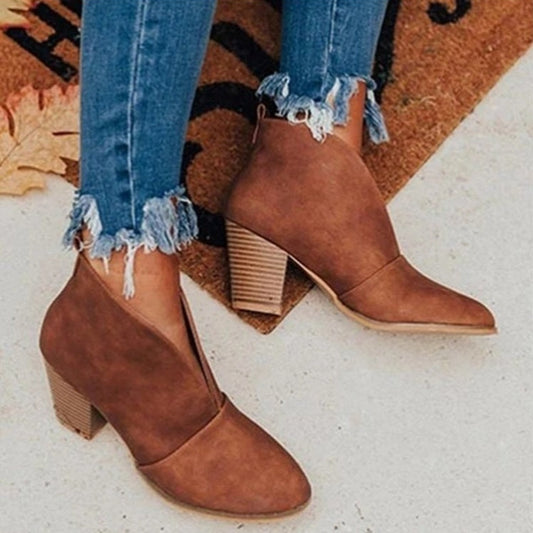 Modische Stiefeletten Damen Blockabsatz Seitenausschnitt - IdealeKleiden