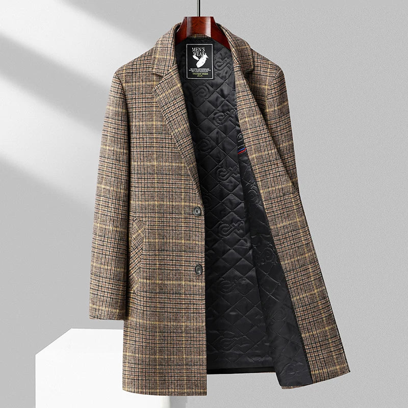 Stylish Wool Overcoat Check Pattern