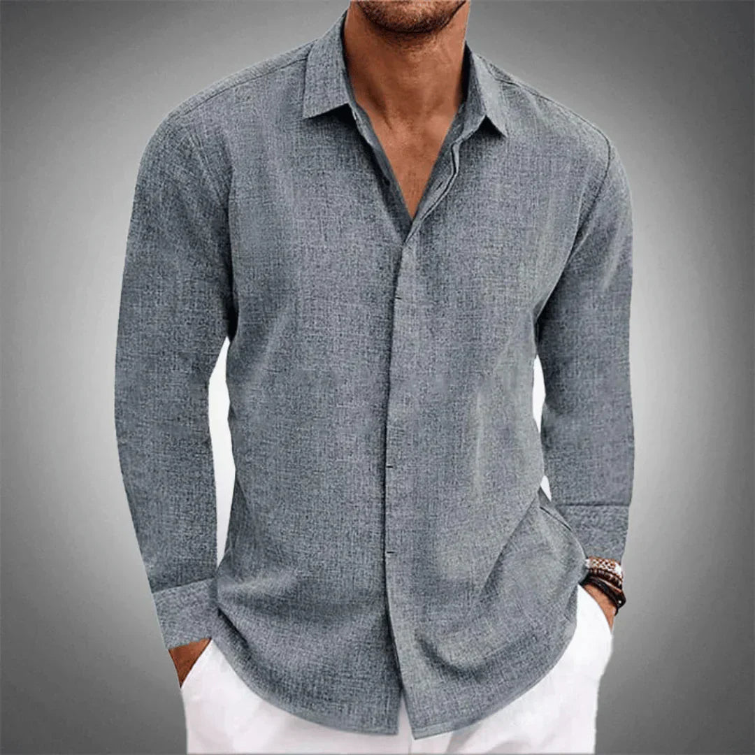Men's Long Sleeve Cotton Linen Collared Shirt