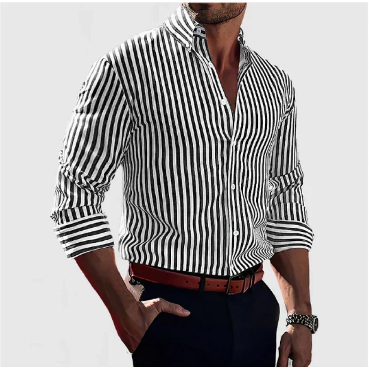 Men's Striped Long-Sleeve Collared Shirt
