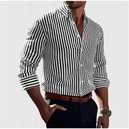 Men's Striped Long-Sleeve Collared Shirt