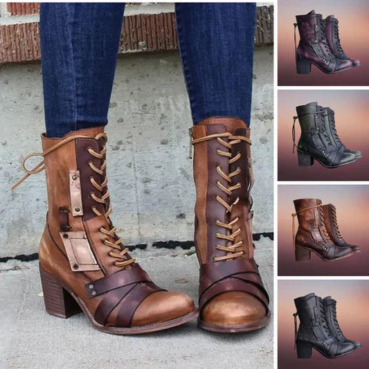 Retro Motorradstiefel Dicke Sohle Robust - IdealeKleiden