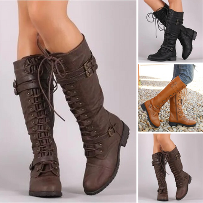Modische Retro-Stiefel Flach Schnalle Schnürsenkel - IdealeKleiden