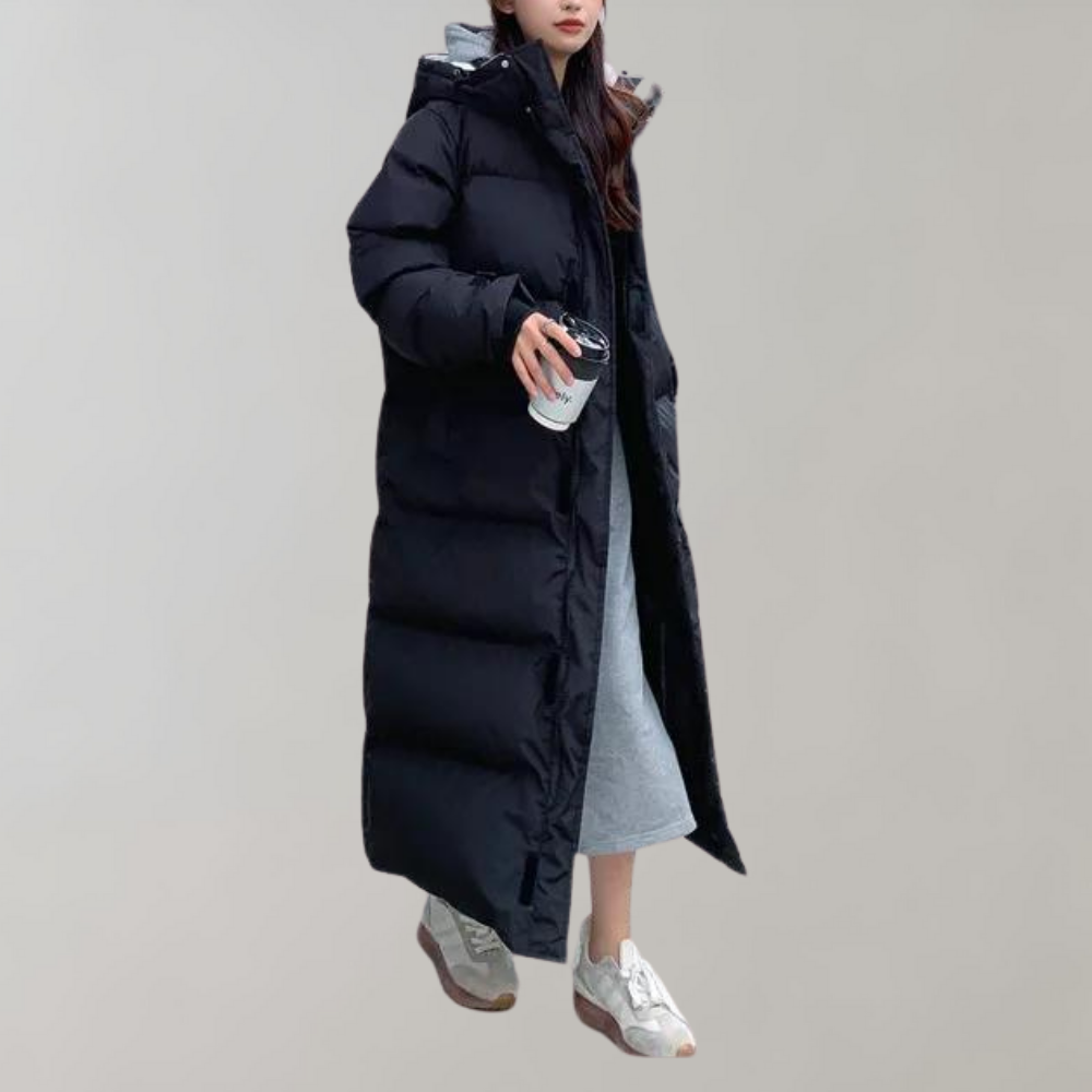 Long winter jacket with hood and zipper