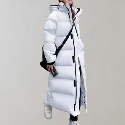 Long winter jacket with hood and zipper