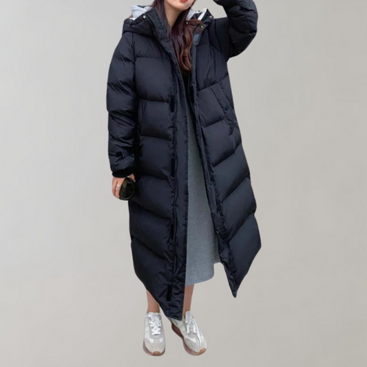 Lange Winterjacke mit Kapuze und Reißverschluss - IdealeKleiden