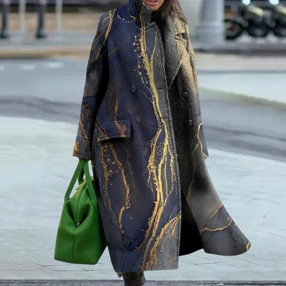 Oversized Women's Long Wool Coat Abstract Buttons