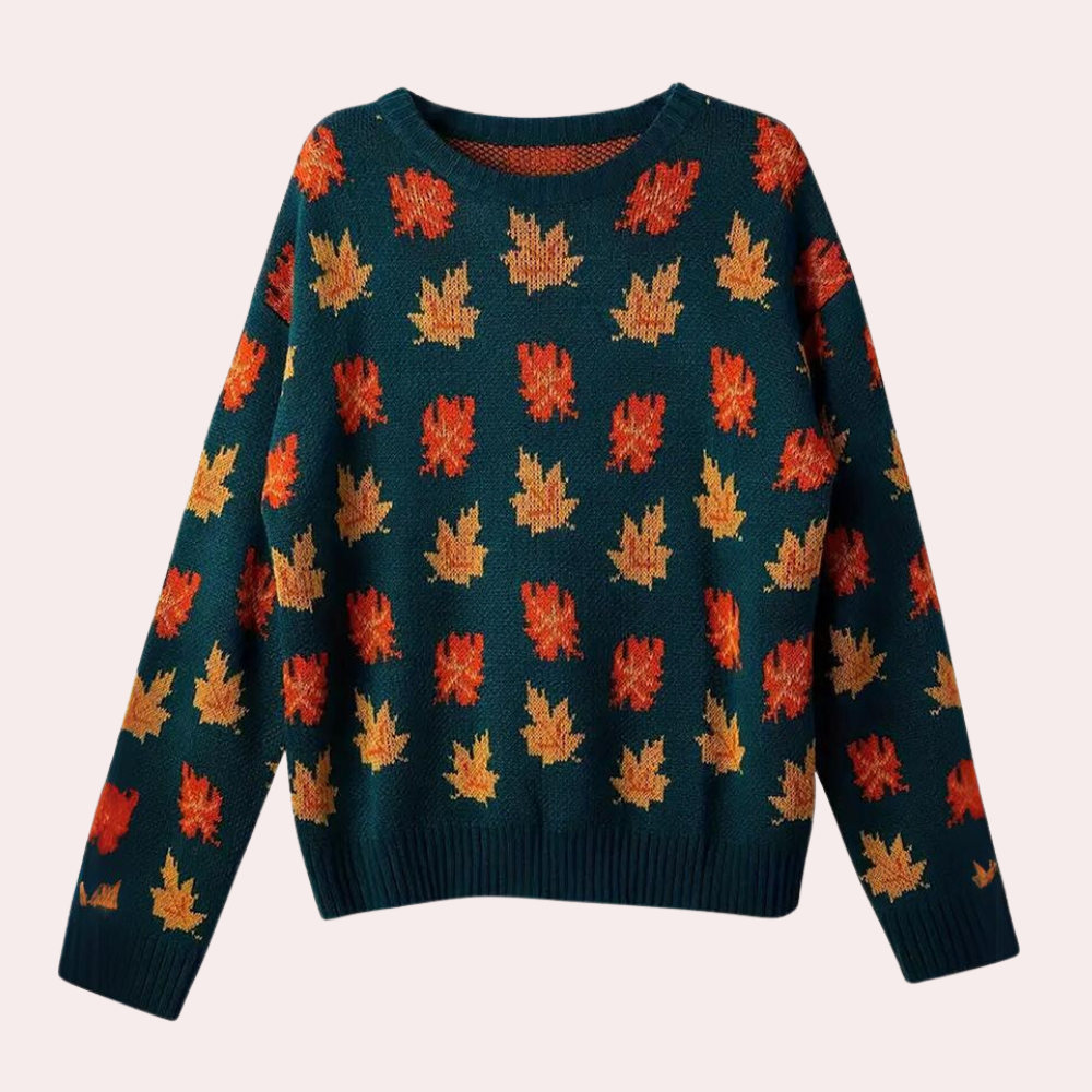 Knitted Jumper Leaf Pattern Crew Neck Long Sleeve