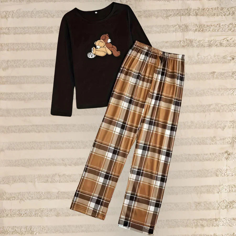 Elegant Women's Round Neck Top and Plaid Pants Set