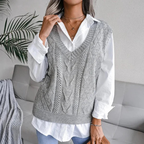 Women's Knitted Vest V-Neck Cable Design