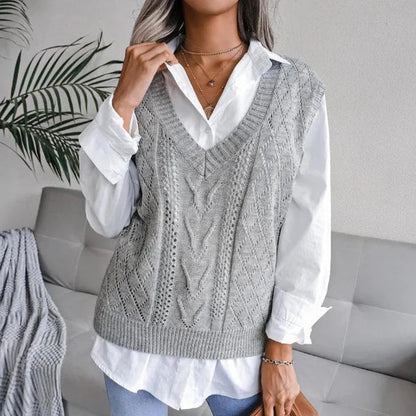 Women's Knitted Vest V-Neck Cable Design